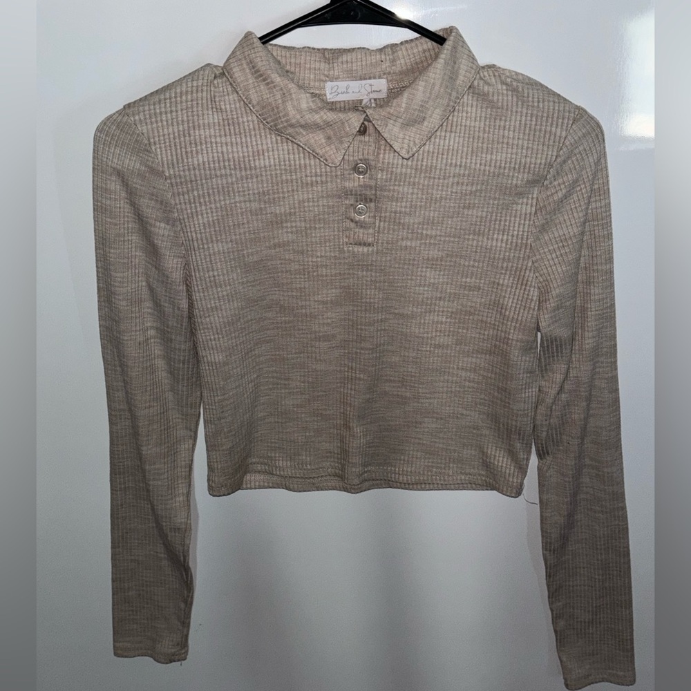 Cream Long Sleeve Polo Collar Button Down Crop Top